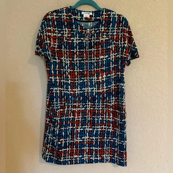 Lacoste Blue and Red Patterned Zip Up Front Dress- Size 40 - Picture 2 of 8